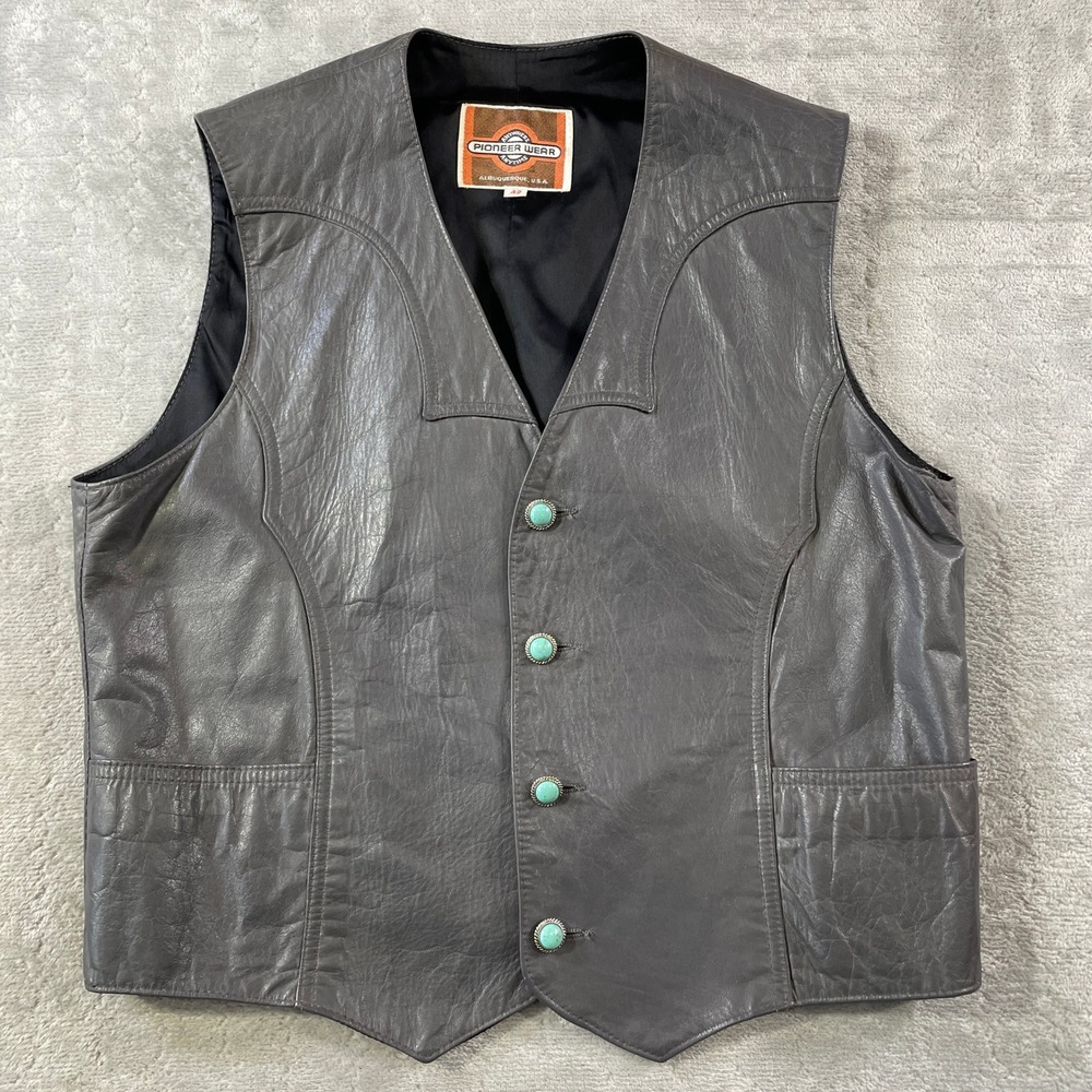 Vintage Pioneer Wear Leather Vest Womens‎ 42 Gray Western Turquoise Festival USA